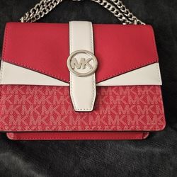 Michael Kors Greenwich Small Color-Block Signature Crossbody Bag in Dark Raspberry Multi (red and white)