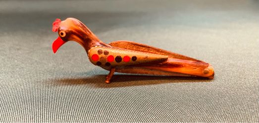 Beautiful rare Antique Lebanon carved natural horn figural bird brass pocket knife with inlaid coral/onyx