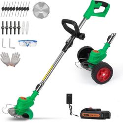 21V Cordless Weed Wacker,Electric Lawn Edger with 1 Battery and Charger,Lightweight Grass Trimmer with 4 Types Cutting Blade,String Trimmer with Wheel