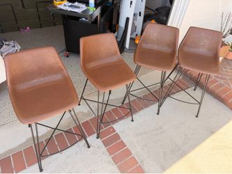 Set of 4 Mid-Century Modern Counter Stools – Cognac Faux Leather & Black Metal – $200