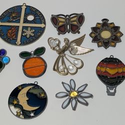 Lot of 9 Stained Glass Hanging Ornaments – Angel, Moon, Fruit, Religious & More

