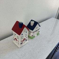 Patriotic LED light Up American flag Ceramic House Set Of 2 