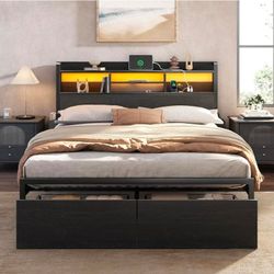 Black Platform Bed Frame with Storage and LED Headboard