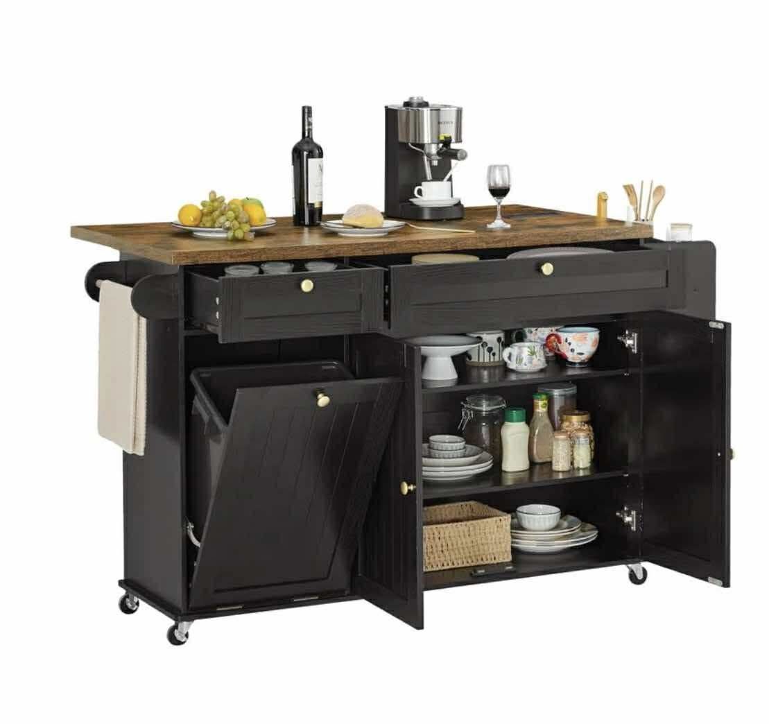 Onbrill Kitchen Island w/Outlet&Towel Rack, 60" Kitchen Storage Cart w/Foldable Countertop, Black