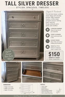 Silver Grey 5-Drawer Wooden Tall Chest/Dresser