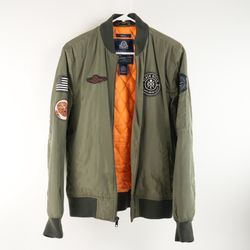 American Rag Bomber Jacket Small Green Quilted Lined Tiger Patch Zip-Up