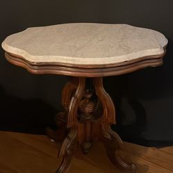 Antique Victorian Carved Walnut Marble Turtle Top Parlor Center Accent Table as is pick up deliver. 