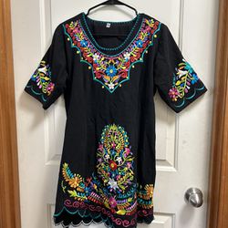 Women’s embroided dress, small, black with multicolor, traditional mexican dress