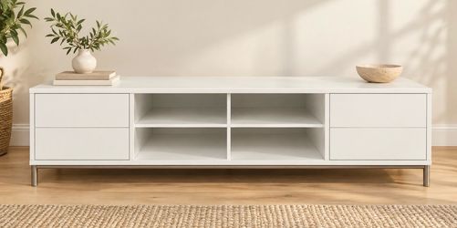 Modern White TV Stand • Push-to-Open Drawers • Delivery Available