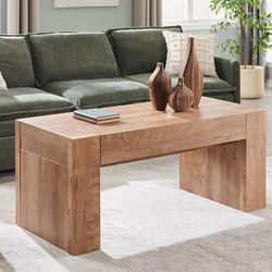48" Modern Farmhouse Coffee Table, Wooden Living Room Table with Hidden Storage Drawer, Rustic Rectangular Center Tables w/Wood Thick Design for Livin