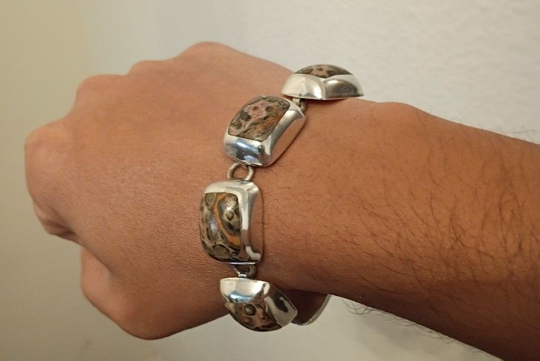 Vtg Vintage Taxco Mexico 925 Sterling Silver & Jasper Bracelet Handmade