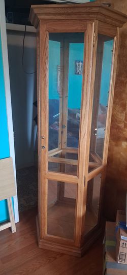 Oak Wood Corner Curio Display Cabinet