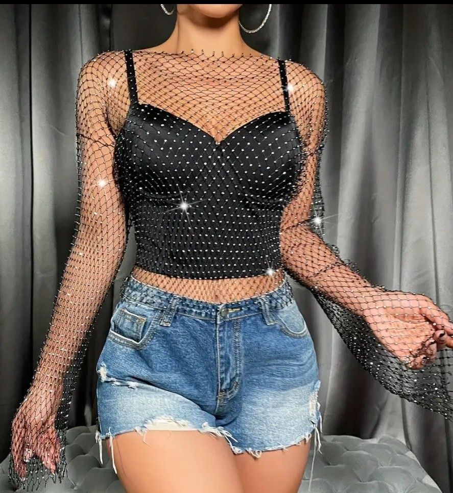 FISHNET WITH RHINESTONE BLACK TOPS 