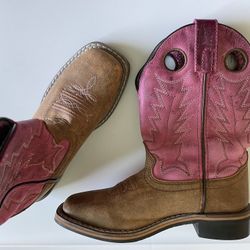 Girls Size 13  Pink Brown Western Cowboy Boots Embroidered Leather Squared Toe
