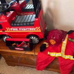 Fire fighter truck, tool kit, and uniform