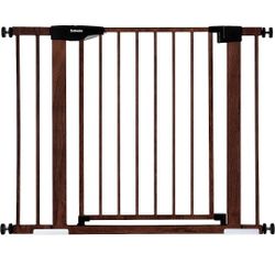 Mom's Choice Award Winner-BABELIO 29-40" Metal Baby Gate with Brown Wood Pattern, Easy Install Pressure Mounted Dog Gate, Ideal for Stairs and Doorway