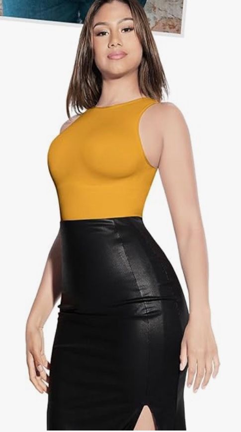 M/L Mustard Yellow FeelinGirl Bodysuits Shaperwar for Women Tummy Control Thong Body Shapers Seamless High Neck Racerback Tank Tops with Snap
