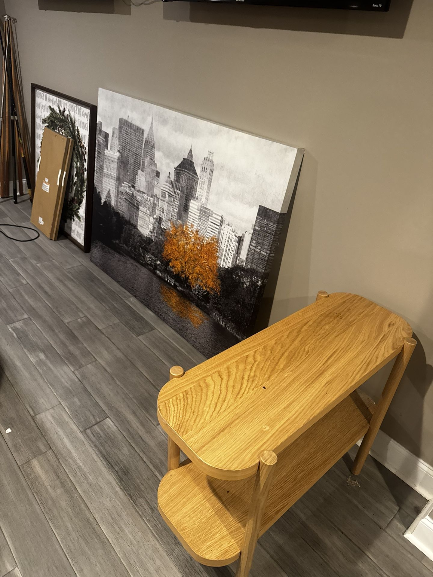 Pull Out Couch , Marble Table , Long Grey Mirror , Big Picture 