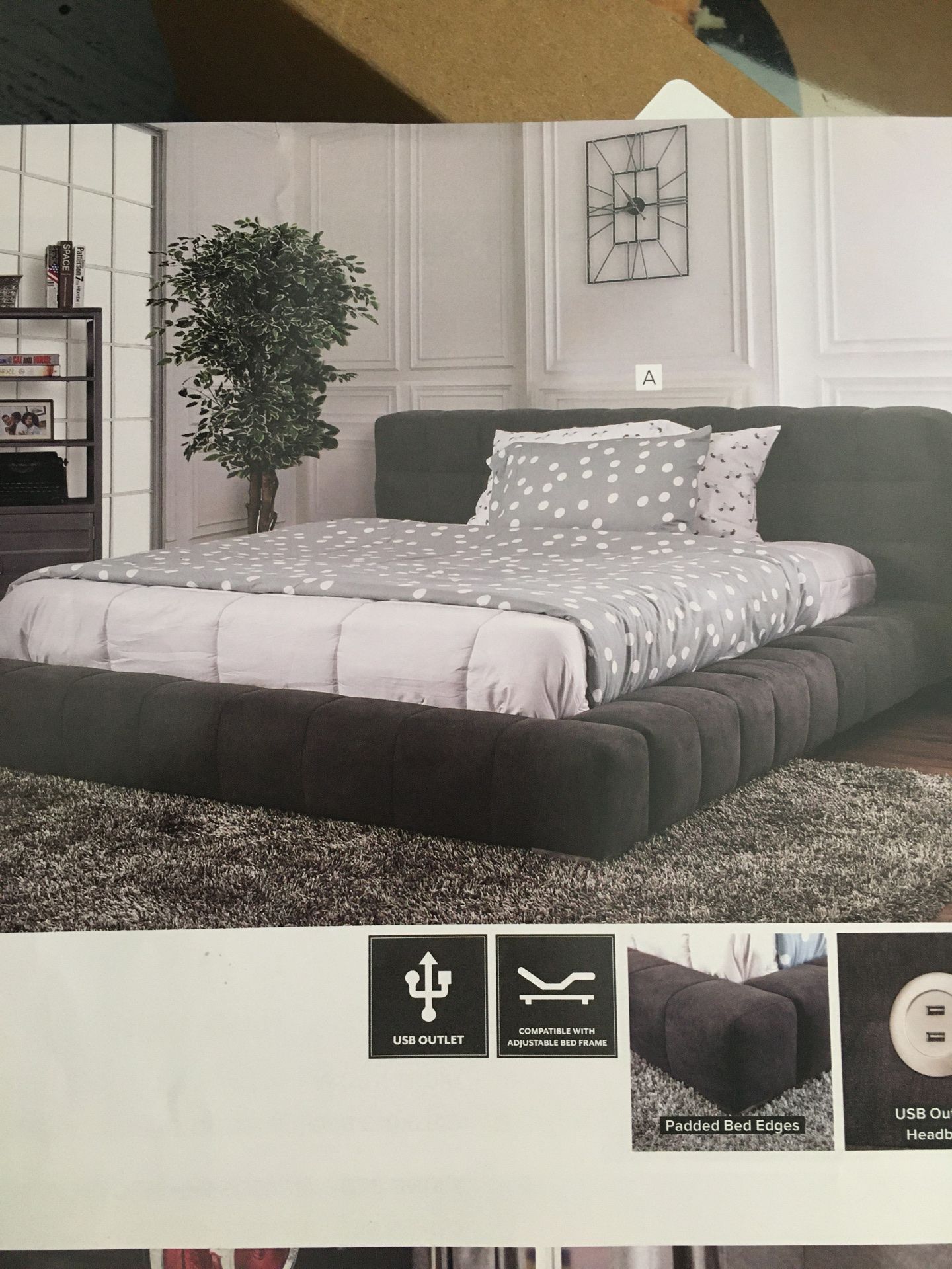 Queen gray padded bed frame with usb plug in