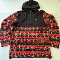 Pre Owned  Good Massive Outdoor  Thick Fleece  1/4 Zip Hoodie Pullover  Anorak Southwest Aztec  Men Size medium Red & Black 