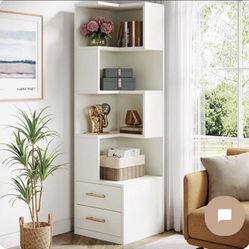 Corner White Bookshelf with Drawers - 66.93” T x 19.69” W x 19.69” D  Item is in box and unassembled 