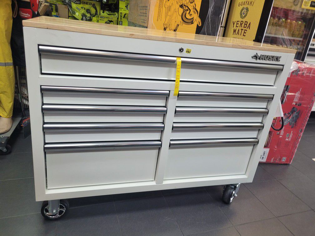 9 DRAWERS WHITW ROLLING TOOL BOX WITH WOOD TOP 