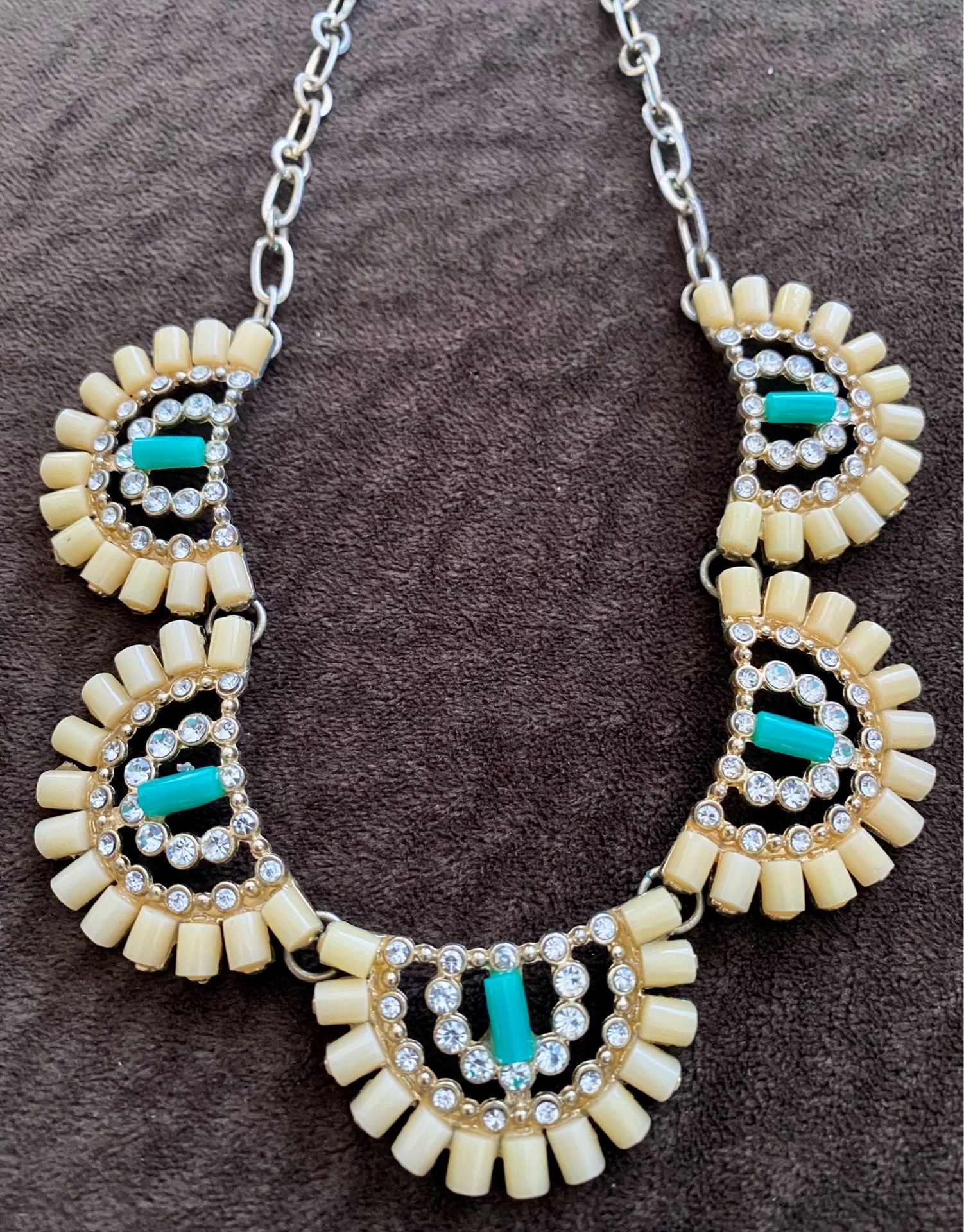 Vintage Statement necklace with cream beads turquoise accents and rhinestones.