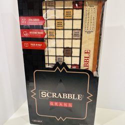 New Scrabble Grand Edition Deluxe Folding + Rotating Wood Frame + Larger Tiles