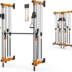 Wall-Mounted Folding Smith Machine Home Gym, All-in-One Compact Power Cage & Cable Pulley Trainer with 125–250LB Dual-User Resistance Band System for 