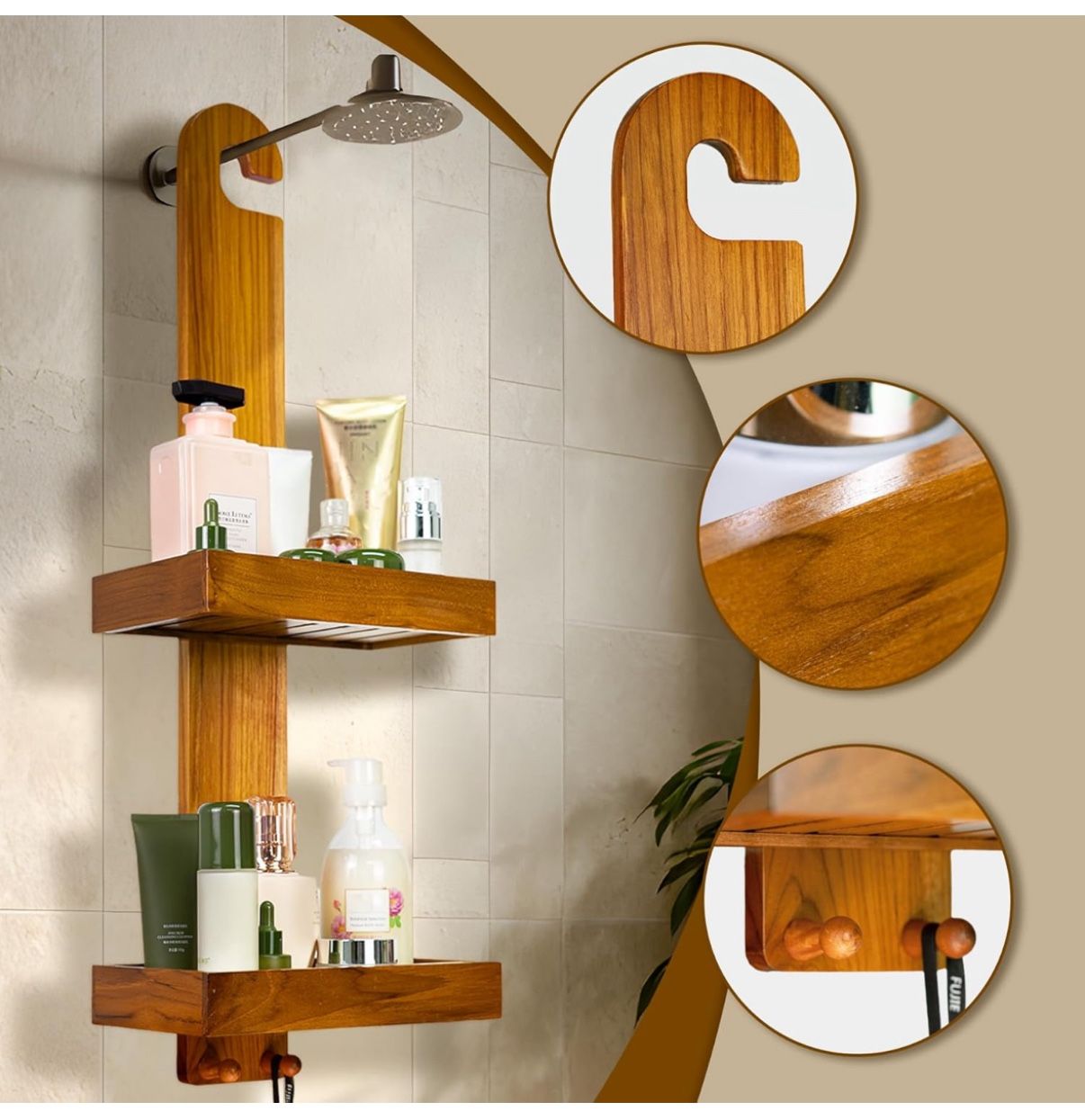 Teak Wood Hanging Shower Caddy with Hooks, Bathroom Shower Organizer Over Shower Head, 2-Tier Wood Shelf for Shampoo, Towels, No Drilling