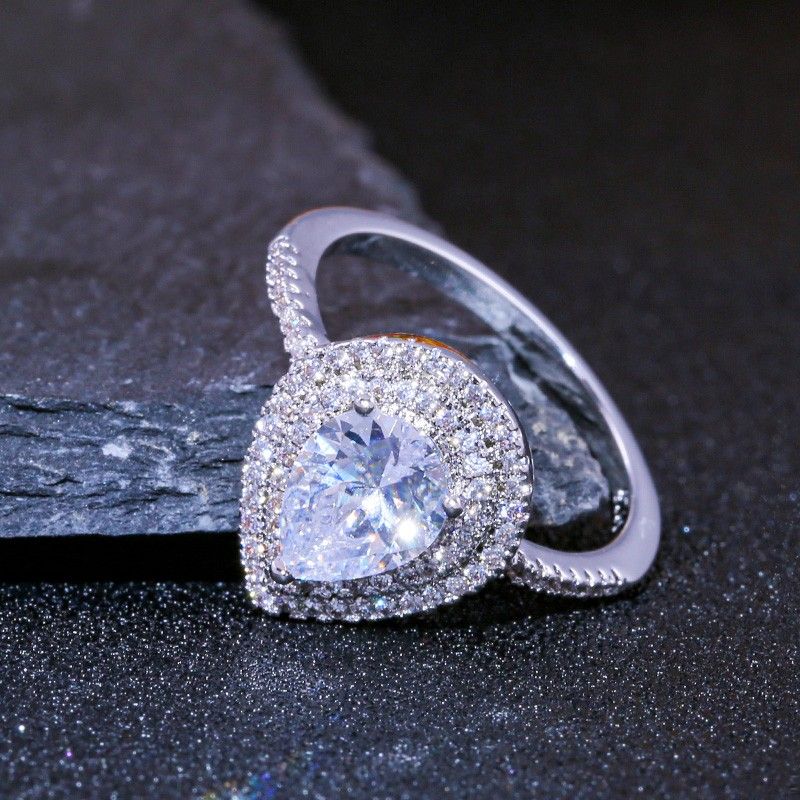"Wedding Large Pear Double Layer Water Drop Silver Ring for Women, VIP505