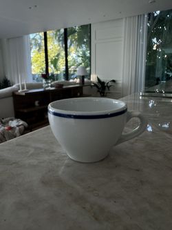 Apilco Tradition Blue-Banded Porcelain Cups & Saucers Set Of 7