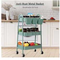 danpinera 3-Tier Rolling Cart, Metal Rolling Storage Cart with Lockable Wheels & Hanging Cups & Hooks, Mobile Trolley NEW