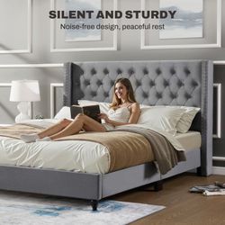 Queen size Elegant Upholstered Platform Bed with Wingback Design and Tufted Headboard