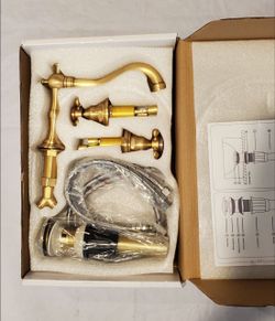 GGStudy 8-16 inch Two Handles 3 Holes Widespread Bathroom Sink Faucet Vintage Gold Basin Mixer Tap Faucet Matching Metal Pop Up Drain with Overflow /A