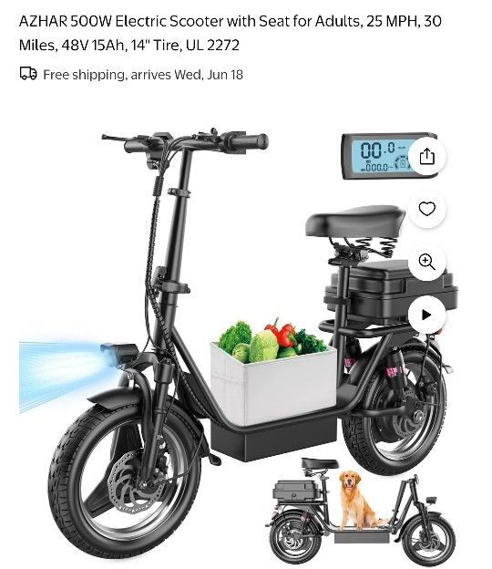 AZHAR 500W Electric Scooter with Seat for Adults, 25 MPH, 30 Miles, 48V 15Ah, 14" Tire, UL 2272