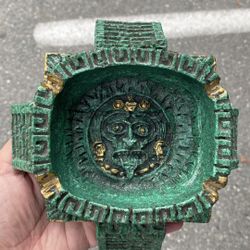 Vintage Heavy Aztec Ashtray Bowl – Green & Gold
