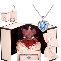 Preserved Rose Moss Bear with 925 Silver Heart Necklace - LED Light Gifts for Mom, Wife, Girlfriend on Valentine's Day, Mother's Day, Christmas, Birth