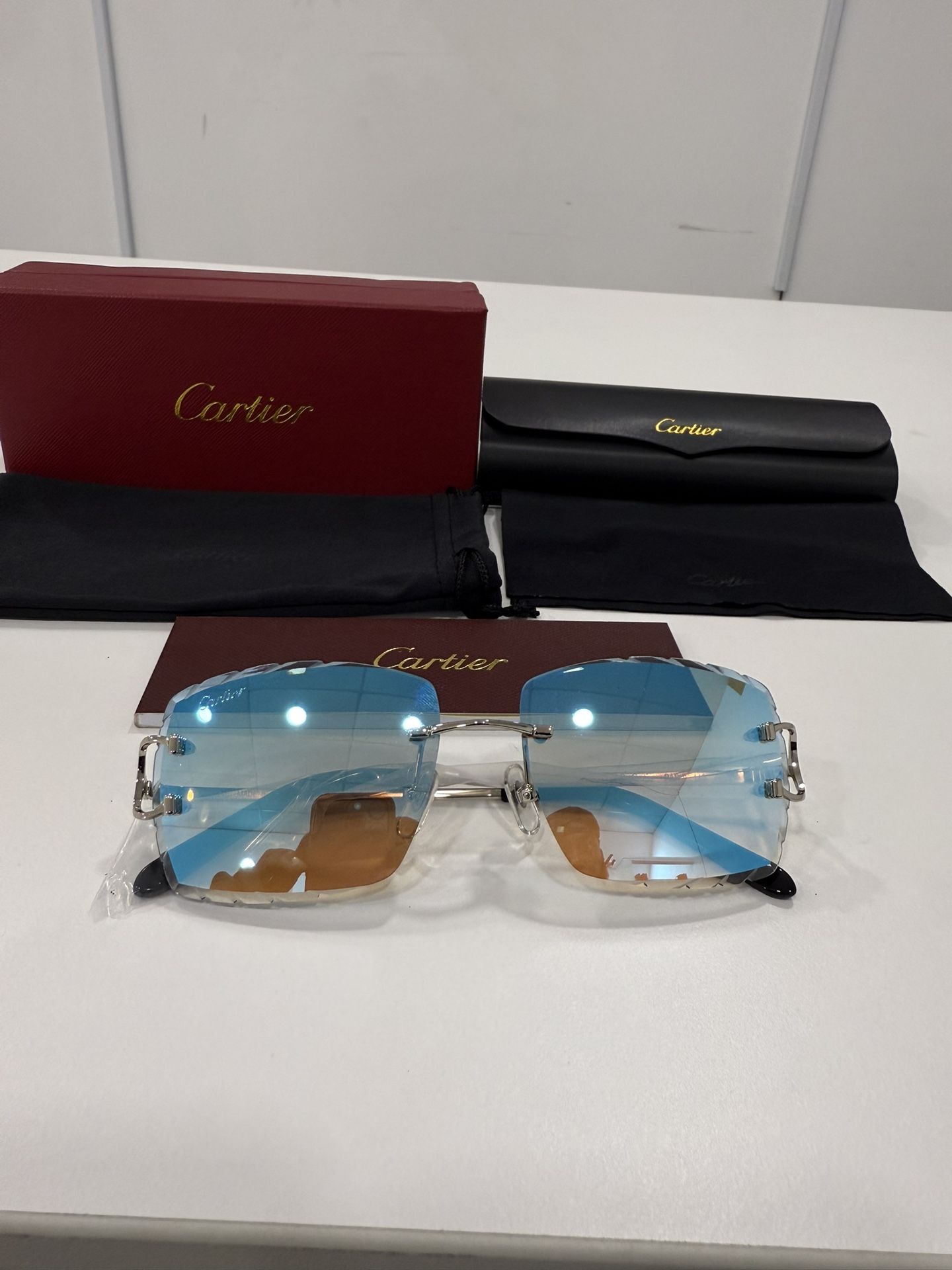 Cartier Glasses (Diamond Cut), Mirror Blue Lense, Silver Frame