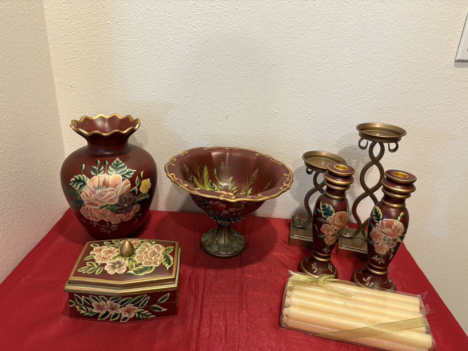 Maroon & Gold Flower Home Decor Lot - vase candle holders - Simi Valley