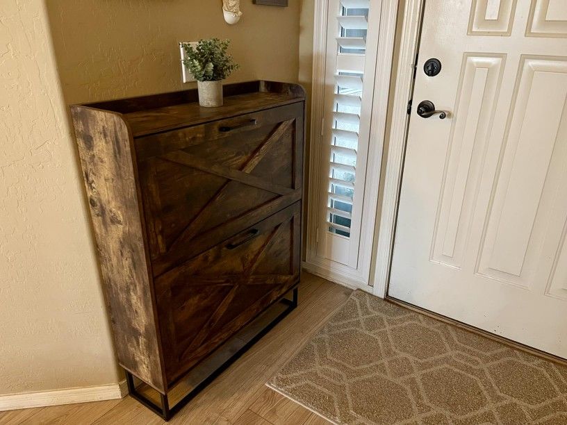 Maupvit Shoe Storage Cabinet with 2 Flip Drawers, Freestanding Shoe Organizer with Metal Legs for Entryway, Narrow Shoe Rack Cabinet, Rustic Brown