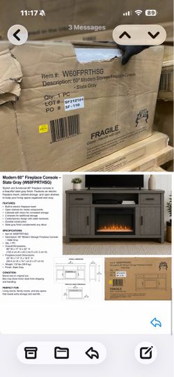 60" Modern Storage Fireplace Console Slate Gray