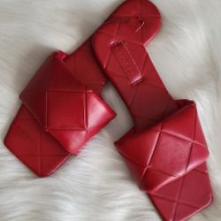 Lipstick Red Quilted Square Peep Toe Slip on dressy Sandals Low Party Heels Size 7