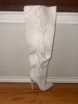 Tall white leather fringe boots