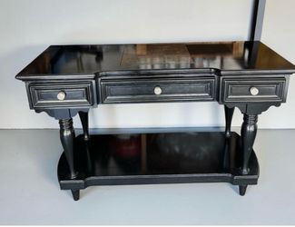 Beautiful black wooden console w// sofa table table marble top insert, 3  drawers lower storage shelf.
