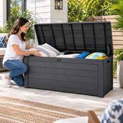 Keter Kentwood Resin Deck Box - Lockable Weather-Resistant Outdoor Storage for Patio Furniture Cushions, Throw Pillows, Garden Tools and Pool Floats, 