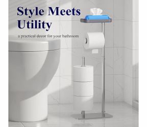 Toilet Paper Holder Free Standing – Rustproof Metal Toilet Paper Stand for 4 Rolls with Anti-Slip Base and Shelf for Phone & Small Items, Bathroom Org
