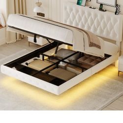 QPLZH Lift Up Storage Bed Frame Queen Size Floating Bed Frame with Adjustable Headboard/LED Lights/Charging Station/Outlet,Velvet Upholstered Tufted 