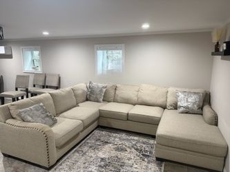 Large Beige Fabric Sectional Sofa with Chaise