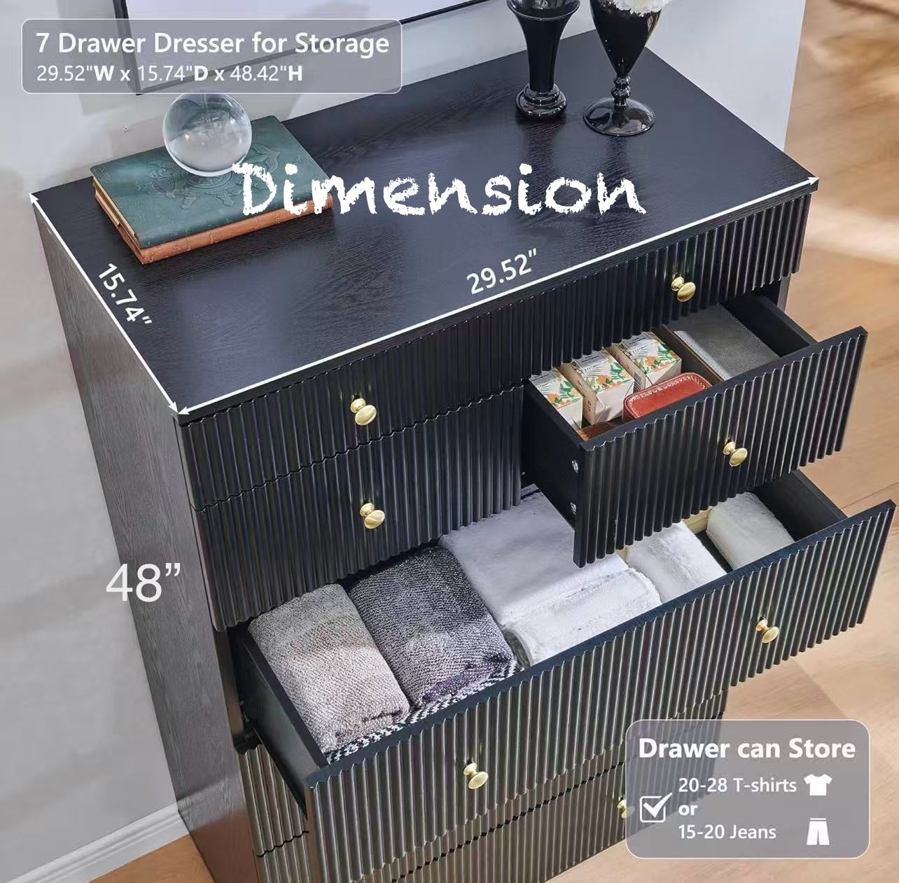 ✌️ 7 Drawer Dresser for Bedroom, 48" Tall Black 7 Drawer & Chests of Drawers, Wood Modern Chest of Drawers with Deep Storage for Bedroom